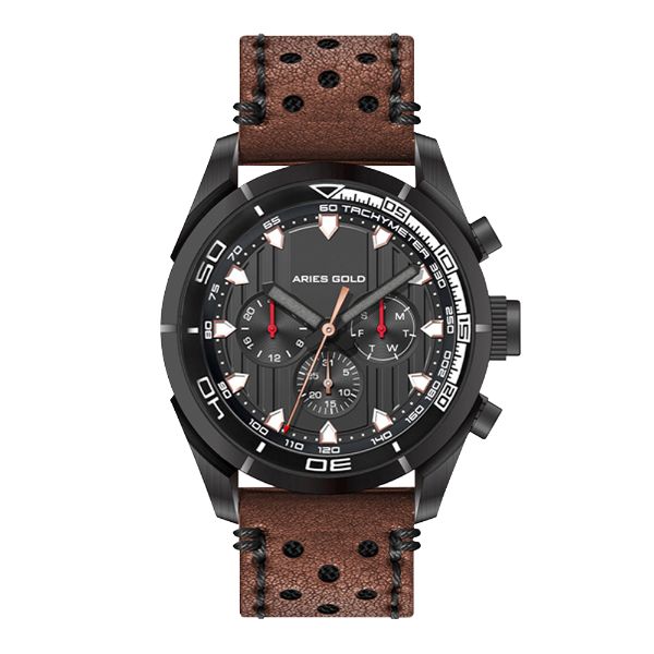 ARIES GOLD ANALOG ENDURO BLACK STAINLESS STEEL G 7006Z BK-BK BROWN LEATHER STRAP MEN'S WATCH